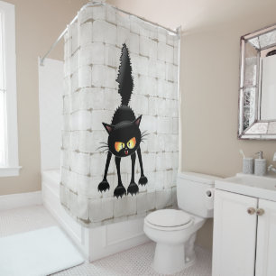 Rideaux De Douche Chat noir de dessin animé drôle et féroce