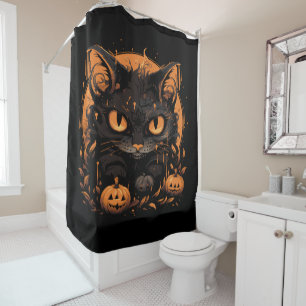 Rideaux De Douche Chat noir d'Halloween avec Citrouilles et lune