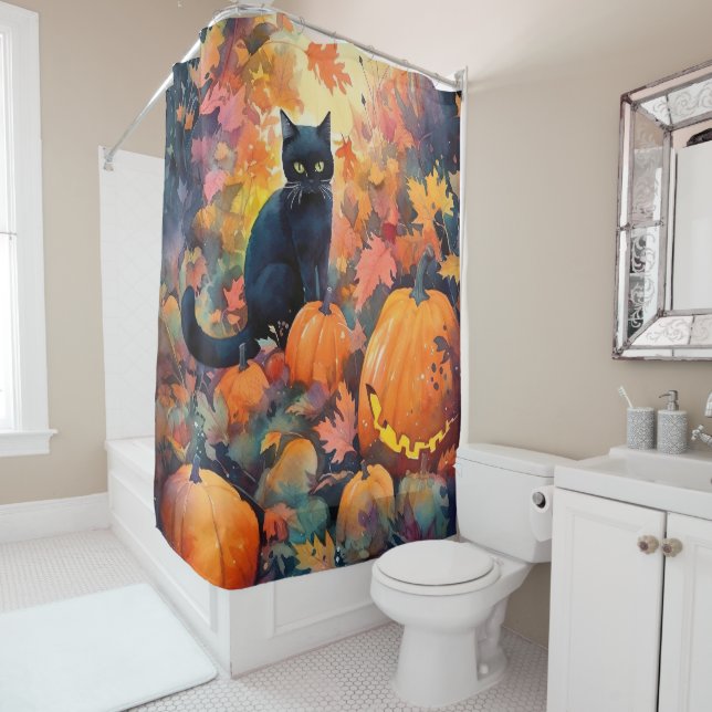 Rideaux De Douche Chat noir d'Halloween avec la peur Citrouille (En situation)