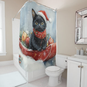 Rideaux De Douche Chat noir en traîneau Laissez neige Noël