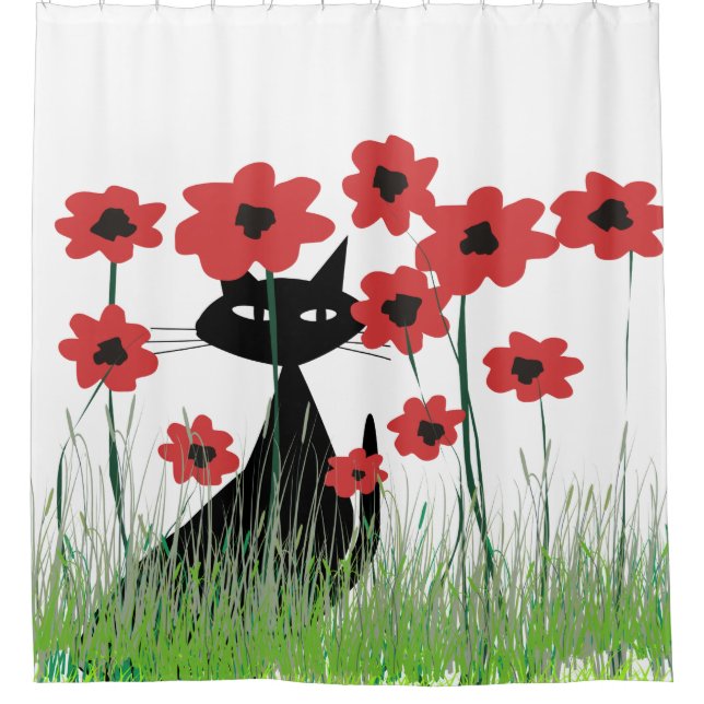 Rideaux De Douche Chat noir et pavots rouges (Devant)