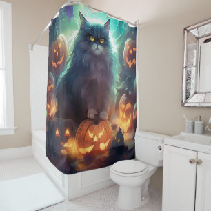 Rideaux De Douche Chat Sibérien D'Halloween Avec Peur Citrouille