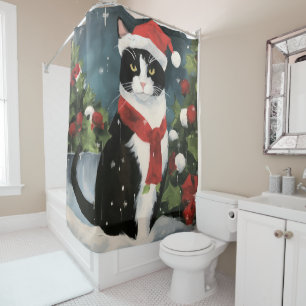 Rideaux De Douche Chat Smoking en Noëliges de Neige