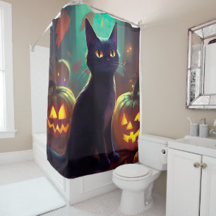 Rideaux De Douche Chat Smoking Tuxedo d'Halloween avec des Citrouill