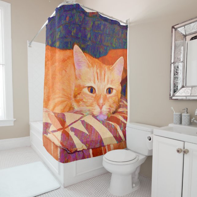 Rideaux De Douche Chat tigré orange mignon drôle (En situation)