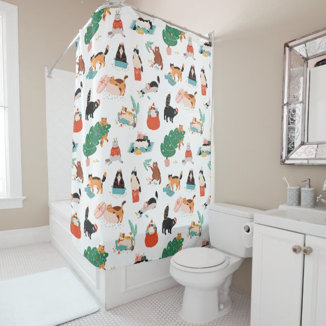 Rideaux De Douche Chats et Motifs de Noël (En situation)