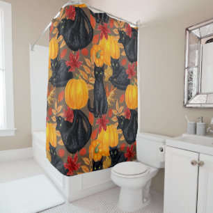 Rideaux De Douche Chats noirs et citrouilles 2