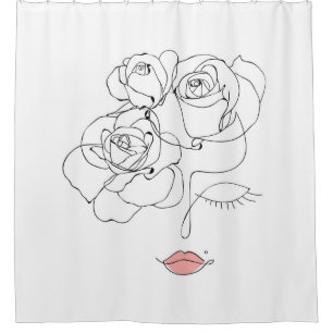 Rideaux De Douche Chef De Fleurs Art, Line Art Femme Avec Fleurs, 