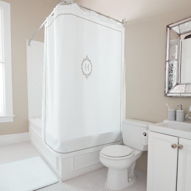 Rideaux De Douche Chelsea Light Taupe et blanc Monogramme (En situation)