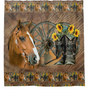 Rideaux De Douche Cheval Cowboy Boots Wagon Wheels Sunflowers Wester