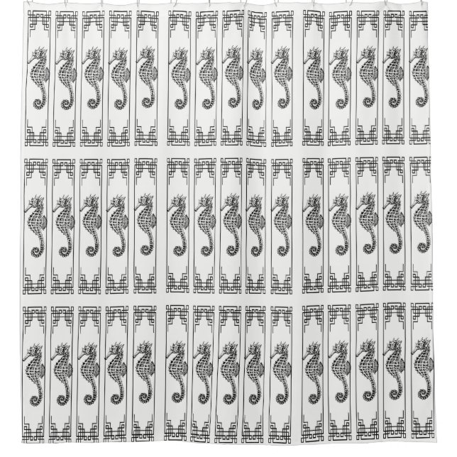 Rideaux De Douche Cheval de mer noir et blanc - Illustration graphiq (Devant)