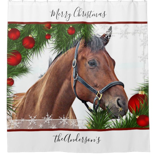 Rideaux De Douche Cheval Noël - Personnalisé Equestre (Devant)
