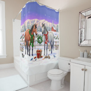 Rideaux De Douche Chevaux gris baie et pomme dans la ferme de Noël d