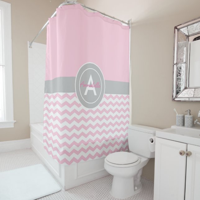 Rideaux De Douche Chevron gris rose (En situation)