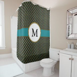 Rideaux De Douche Chic Black Turquoise Gold Peacock Imprimer Monogra