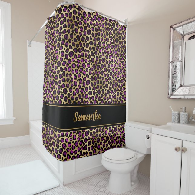 Rideaux De Douche Chic Black violet or Empreinte de léopard personna (En situation)