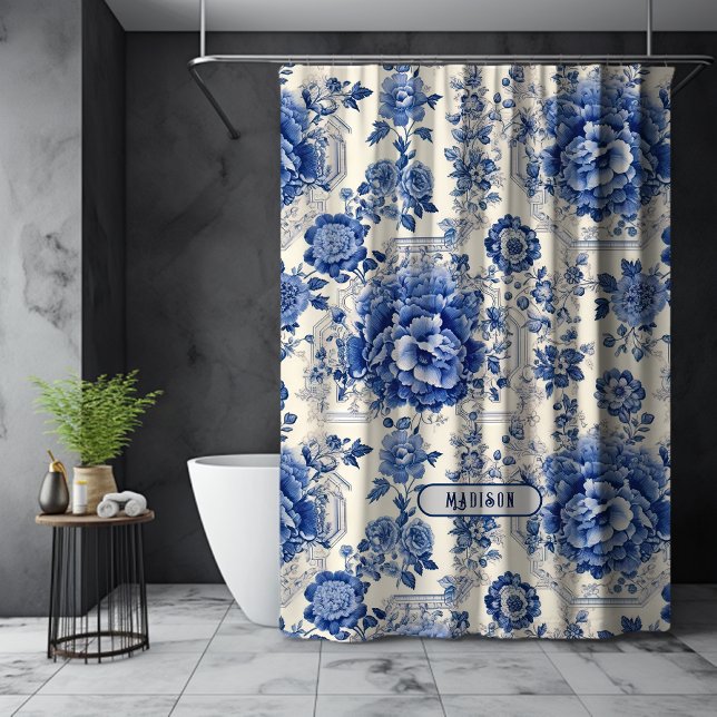 Rideaux De Douche Chic Bleu blanc à fleurs chinoiserie toile monogra (Créateur téléchargé)
