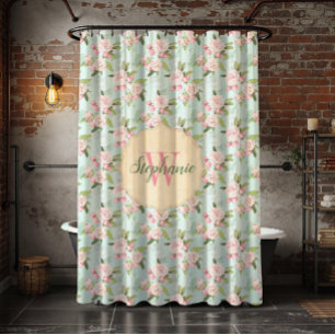 Rideaux De Douche Chic Démodé Monogramme Floral Rose Aqua