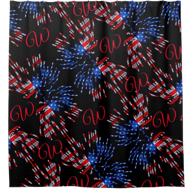 Rideaux De Douche Chic Drapeau Feu d'artifice Monogramme Rouge Douch (Devant)
