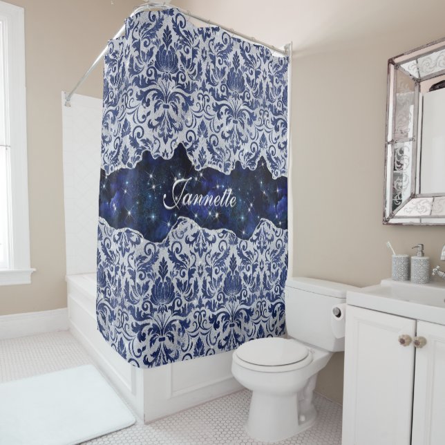 Rideaux De Douche Chic floral glitateur Marine Blue Silver Monogramm (En situation)
