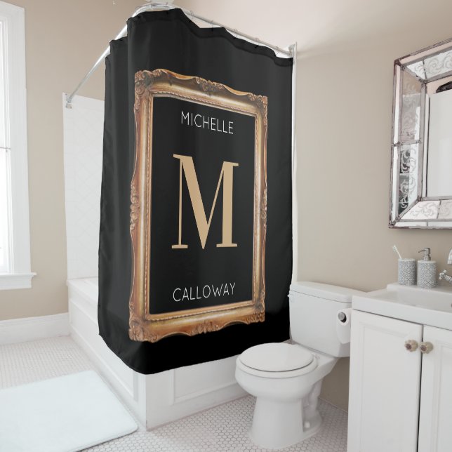 Rideaux De Douche Chic Monogramme noir et or (En situation)