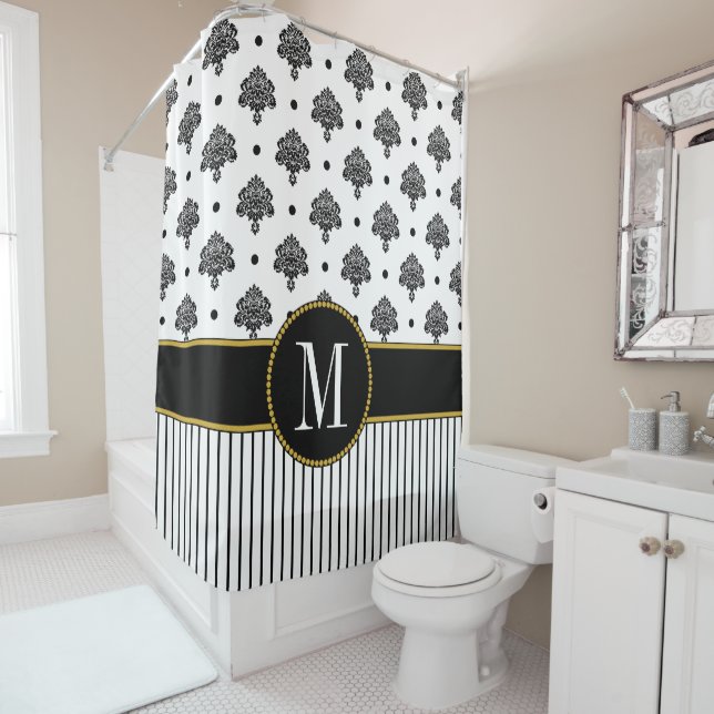 Rideaux De Douche Chic Noir Blanc Damask Dots Rayures Monogramme (En situation)