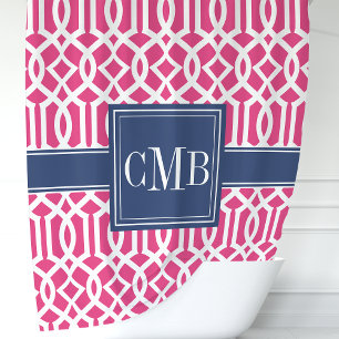 Rideaux De Douche Chicelle Rose et Marine Treillis Marocain Monogram