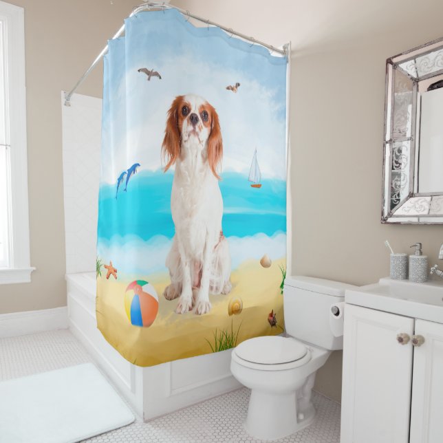 Rideaux De Douche Chien Cavalier King sur la plage  (En situation)