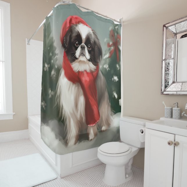 Rideaux De Douche Chien chinois japonais à Noël de neige (En situation)