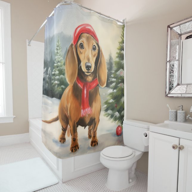 Rideaux De Douche Chien de Dachshund à Noël de neige (En situation)