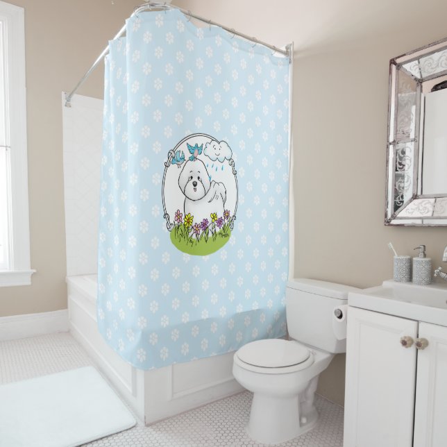 Rideaux De Douche Chien de levure Bichon de printemps avec fleurs -  (En situation)