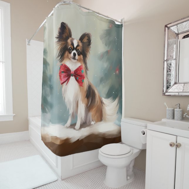 Rideaux De Douche Chien de Papillon à Noël de neige (En situation)