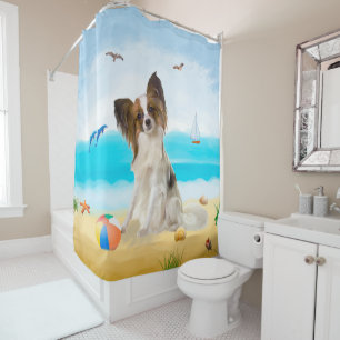 Rideaux De Douche Chien de Papillon sur la plage