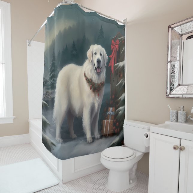 Rideaux De Douche Chien des grandes Pyrénées à Noël de neige (En situation)