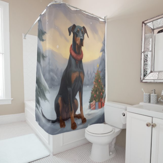 Rideaux De Douche Chien Doberman pendant Noël de neige (En situation)