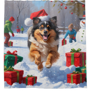 Rideaux De Douche Chien Keeshond courant dans la neige avec un chape