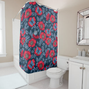 Rideaux De Douche Chien rose et papillons en bleu et rouge