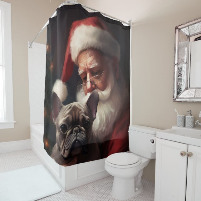 Rideaux De Douche Chien-taureau français avec Noël Festif du Père No (En situation)