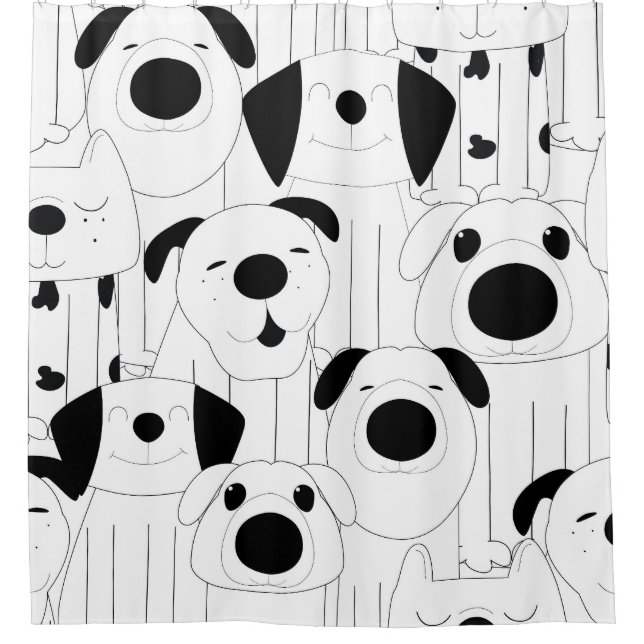 Rideaux De Douche Chiens mignons : dessin animé noir, blanc. (Devant)