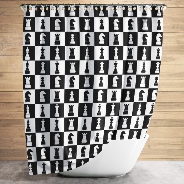 Rideaux De Douche Chiffres Du Jeu D'Échecs Motif Noir Et Blanc (Chess Game Figures Pattern Black And White Shower Curtain)