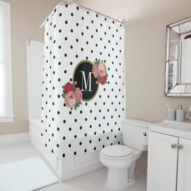 Rideaux De Douche Chiffres noirs blancs élégants Monogramme floral a (En situation)