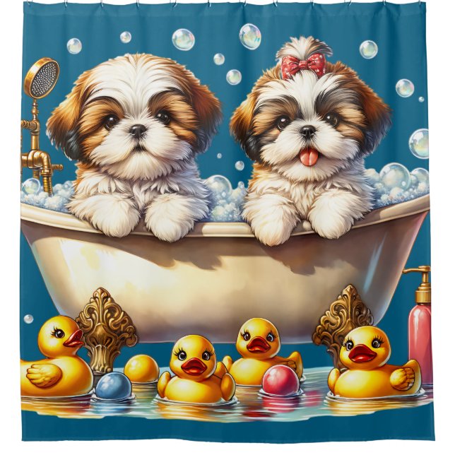 Rideaux De Douche "Chih Tzu Chipies dans le bain de bulles" (Devant)