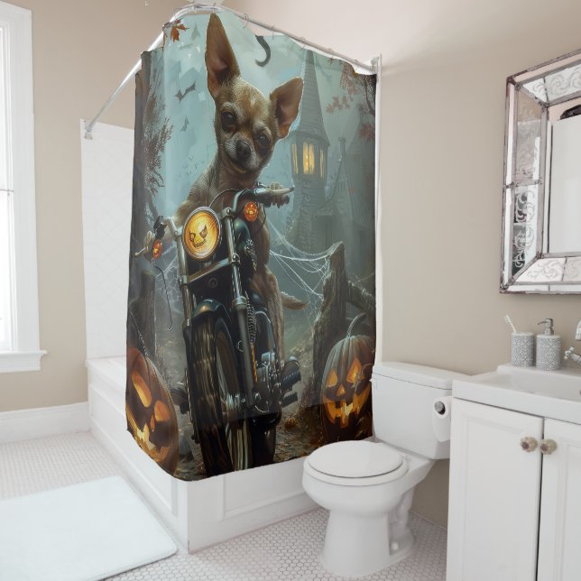 Rideaux De Douche Chihuahua équitation moto Halloween effrayant (En situation)