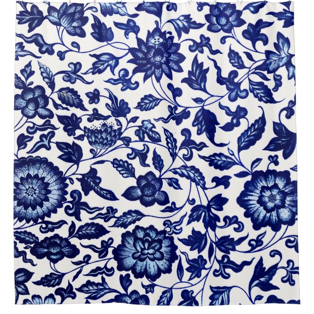 Rideaux De Douche Chinois bleu marine foncé motif floral sur blanc (Devant)