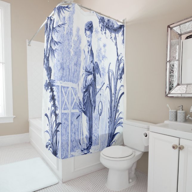 Rideaux De Douche Chinoiserie bleue et blanche (En situation)