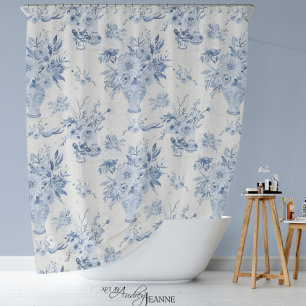 Rideaux De Douche Chinoiserie Floral Vase Peony Bleu Blanc Bain