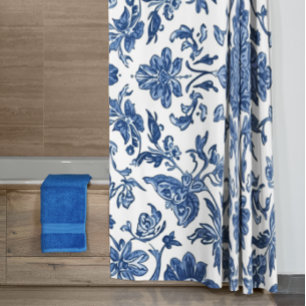 Rideaux De Douche Chinoiserie Florale Bleue Aquarelle Blanche