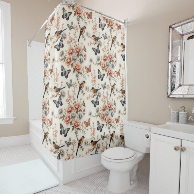 Rideaux De Douche Chinoiserie Harmonie des oiseaux et des papillons (En situation)