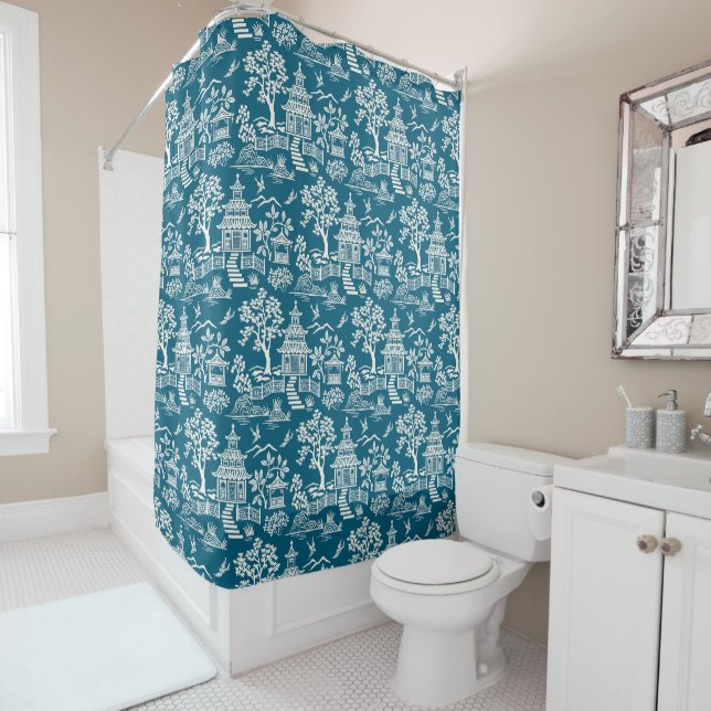 Rideaux De Douche Chinoiserie Pagode Turquoise (En situation)