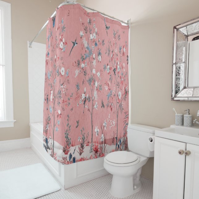 Rideaux De Douche Chinoiserie rose (En situation)